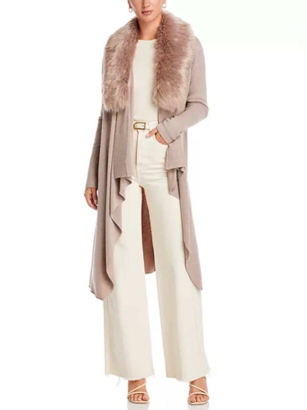SIONI Faux Fur Collar Cardigan Knit Open Front Long Drape Duster Cardigan Sz XL